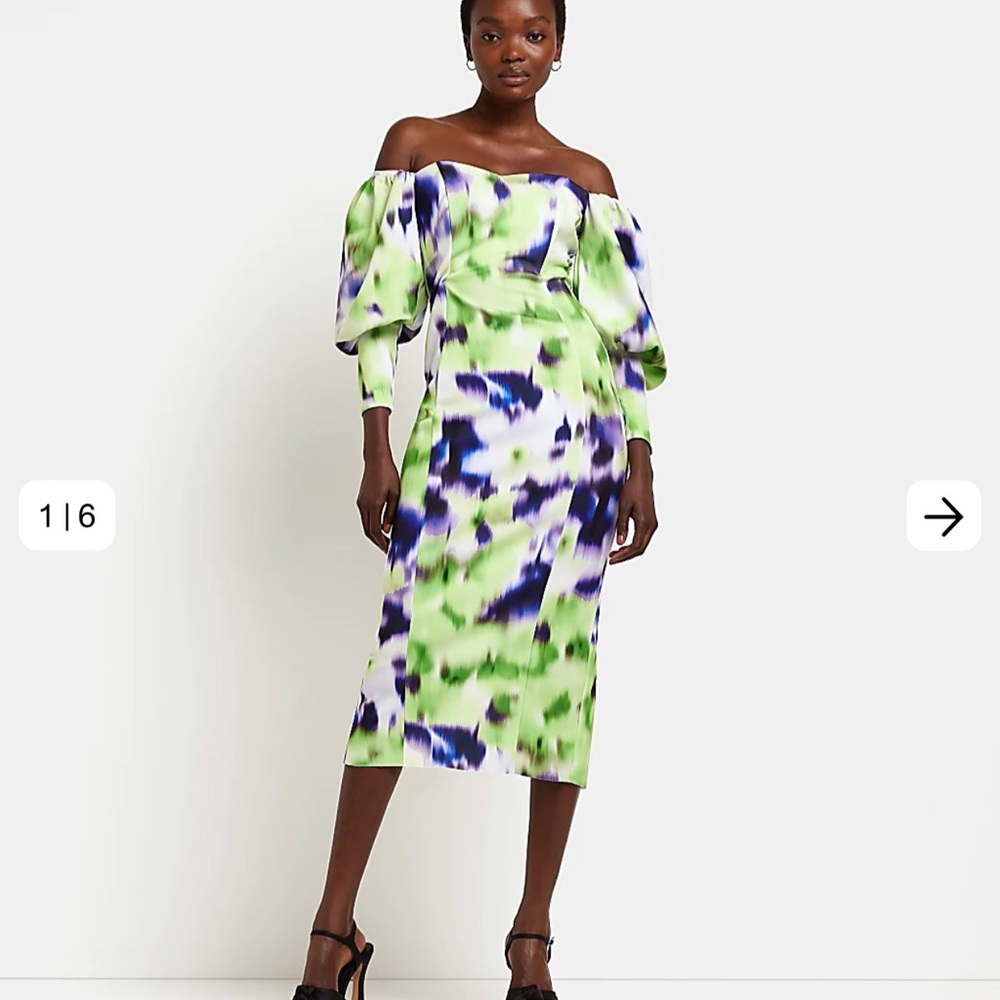 Green printed Bardot MIDI dress